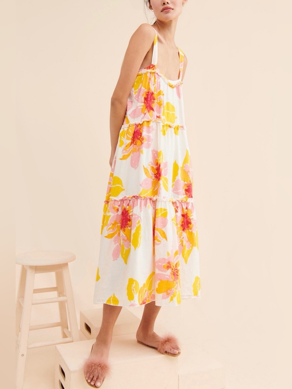 🤍💐EUC Free People “Moonshine Midi Dress” White🤍Pink💗Yellow💛Floral💐Sz Medium - Picture 5 of 15